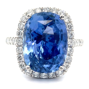 lot 0F image: 11.77 Carat Natural Blue Sapphire & PavNatural Diamond Halo Ring in Platinum $82,740 Appraisal Included VIDEO