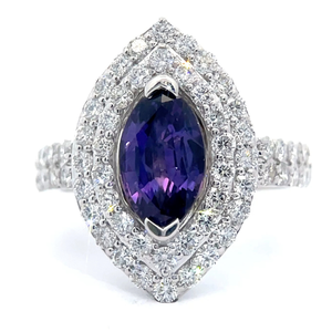 lot 15F image: New Oscar Friedman 3.24 Carat Deep Purple Sapphire & Natural Diamond Double Halo Ring in Platinum w GIA Report $17,428 Appraisal Included VIDEO