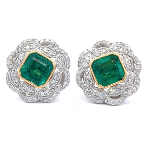 lot 22B image: NEW 3.29 Carat Emerald & Natural Diamond Flower Cluster Earrings in 18k Gold & Platinum $18,995  Appraisal Included w Report VIDEO