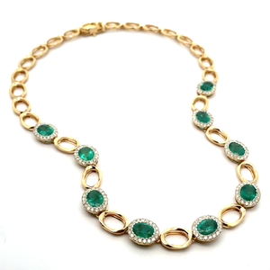 lot 34B image: Oscar Friedman 18.43 Carat Oval Emerald & Natural Diamond Halo Oval Necklace in 14k Gold $67,280 Appraisal Included