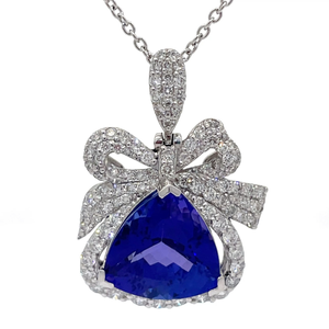lot 22G image: New Oscar Friedman 9.25 Carat Tanzanite & PavNatural Diamond Bow Necklace in Platinum $29,793 Appraisal Included VIDEO