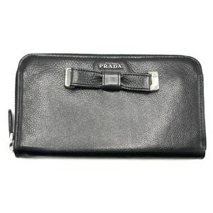 lot 46M image: Prada Black Leather Ribbon Round Zipper Long Wallet $650 Retail