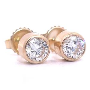 lot 34E image: Modern 1.18 Carat Natural Diamond Round Bezel Solitaire Stud Earrings in 14k Yellow Gold $9,370 Appraisal Included w GIA Report VIDEO