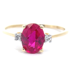 lot 55R image: Oval Checkerboard Ruby & Diamond Three-Stone Ring in 14k Yellow Gold VIDEO