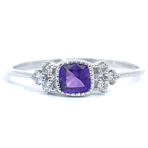 lot 55S image: Amethyst Cushion Bezel & Diamond Cluster Ring in White Gold