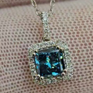 lot 21B image: 1.17 Carat Fancy Blue & White Diamond Square Halo Pendant Necklace in 14k White Gold VIDEO