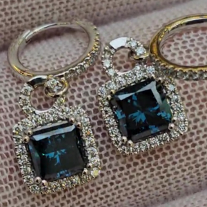 lot 21A image: 2.55 Carat Fancy Blue Diamond & PavDiamond Halo Huggie Hoop Earrings in 14k White Gold VIDEO
