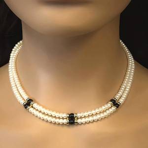lot 26I image: Pearl & Onyx Double Strand Necklace, Choker Style in 14K Yellow Gold Spacers Retail $2950