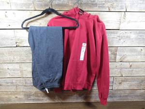 Pair of Fruit of the Loom Mens Pull Over Hooded Sweatshirt & Sweatpants with Pockets-Cardinal Black Hearth-Small