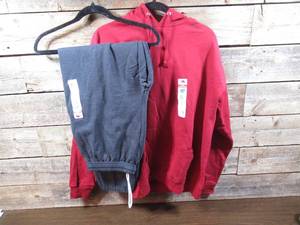 Pair of Fruit of the Loom Mens Pull Over Hooded Sweatshirt & Sweatpants with Pockets-Red Black Hearth-Large