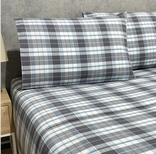 lot 427 image: NEW Flannel Portugal Flannel King Sheet Set - Blue Plaid