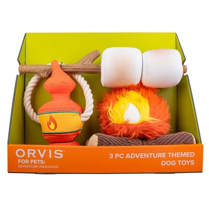 lot 398 image: Orvis Pet Outdoor 3 Piece Toy Set, Campfire Plush, Lantern Tug Toy, and Removable Marshmallow Floating Stick