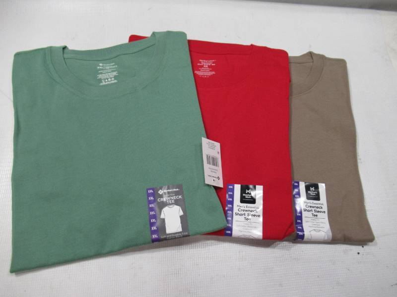 lot 358 image: NEW 3 Pack of Members Mark Mens Essential Crewneck Short Sleeve T-Shirts (RedGreenBrown) - XXL