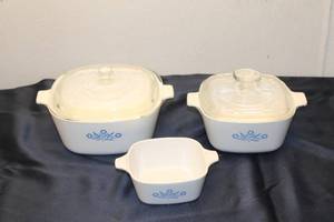 lot 114 image: Set of 3 CorningWare Baking Dishes with Blue Floral Design