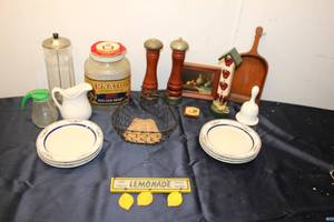 lot 130 image: Vintage Kitchenware Collection with Lemonade Sign and Glass Jars