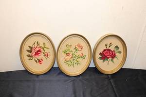 lot 132 image: Set of 3 Vintage Framed Floral Needlepoint Art Pieces