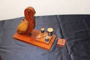 lot 135 image: Vintage Wooden Sewing Thread Display Stand with Assorted Spools and Friction Tape