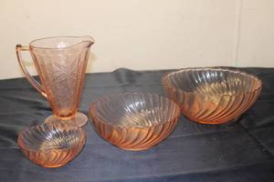lot A-162 image: Vintage Pink Depression Glass Bowl and Pitcher Set - 4 Pieces