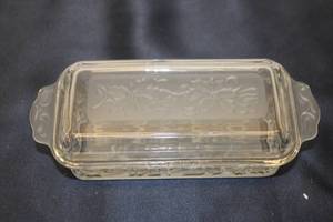 lot 169 image: Vintage Glass Butter Dish with Floral Etching and Lid