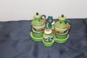 lot 170 image: Vintage Hand-Painted Green Ceramic Condiment Set with Decorative Floral Design