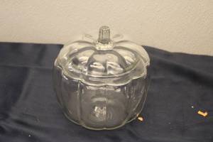 lot 176 image: Vintage Glass Pumpkin-Shaped Candy Jar with Lid