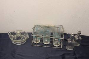 lot 178 image: Vintage Glassware Set with Holder - 6 Tumblers, Citrus Juicer, and Salt Shakers