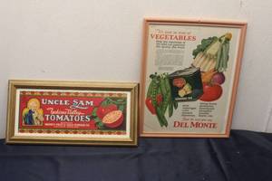 lot 180 image: Pair of Vintage Framed Advertisements Uncle Sam Tomatoes & Del Monte Vegetables (1927)