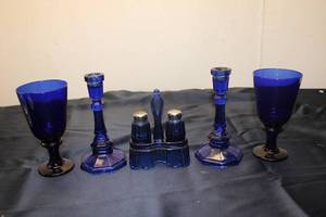 lot 201 image: Set of 4 Cobalt Blue Glassware with Matching Candle Holders and Salt & Pepper Shakers