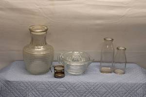 lot 205 image: Vintage Glass Kitchenware Collection - Carafe, Juicer, and Bottles