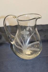 lot 211 image: Vintage Glass Pitcher with Etched Floral Design