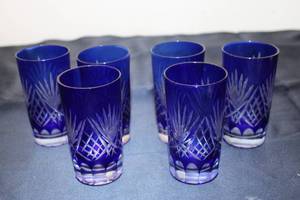 lot A-212 image: Set of 6 Cut Glass Cobalt Blue Drinking Glasses