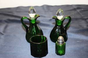 lot 219 image: Set of 2 Vintage Green Glass Cruets with Matching Container