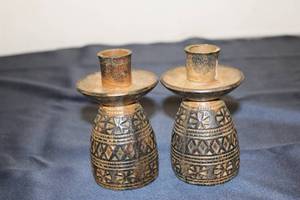 lot 230 image: Pair of Vintage Handcrafted Ceramic Candle Holders with Intricate Patterns