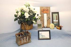 lot 246 image: Vintage Decorative Collection Including Basket, Framed Art, and Duck Figurine