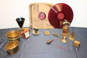 lot 248 image: Collection of Vintage Brass and Vinyl Items including RCA Victor Records