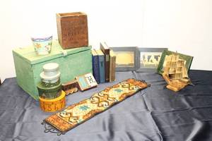 lot 249 image: Collection of Vintage Items Including Green Storage Box, Decorative Planter, and Assorted Books