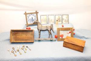 lot 251 image: Lot of Vintage Collectibles Including Spoons, Frame, and Wooden Boxes