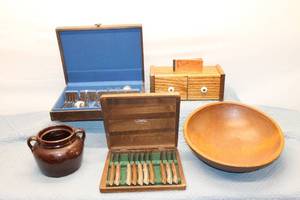 lot 252 image: Vintage Kitchen Collection - Cutco Knives, Wooden Bowl, Stoneware Pot, and More