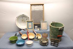 lot 253 image: Vintage Kitchenware Collection including Bucket, Washboard, and Saucepan