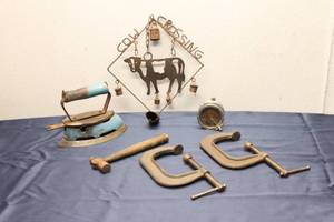 lot 388 image: Vintage C-Clamps, Hammer, and Cow Crossing Metal Sign Collection