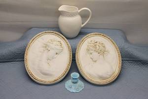 lot 257 image: Vintage Collection of Decorative Objects - Two Wall Plaques, Pitcher, and Blue Candle Holder