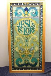 lot 285 image: Stained Glass Panel with Jesus is Lord Inscription