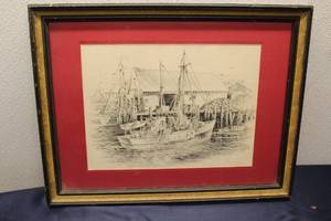 lot 298 image: Framed Original Pencil Sketch of Boothbay Harbor, Maine by W. J. Murphy