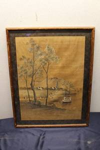 lot 299 image: Framed Vintage Landscape Painting with Pagoda and River Scene