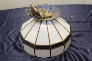 lot 312 image: Vintage Stained Glass Hanging Light Fixture with Brass Detailing