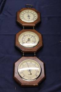 lot 313 image: Vintage Wooden Barometer and Hygrometer Set with Three Instruments