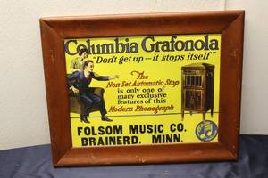 lot 315 image: Vintage Columbia Grafonola Advertising Sign - Folsom Music Co.