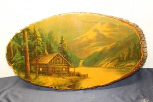 lot 317 image: Vintage Log Cabin Scenic Painting on Wood Slice