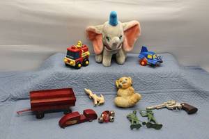 lot 322 image: Lot of Vintage Disney Plush Dumbo, Fire Truck, and Assorted Toy Figures