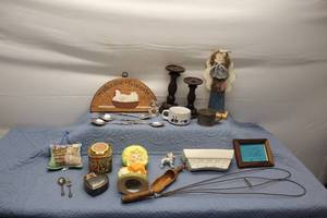 lot 325 image: Mixed Vintage Collectibles Lot with Heart Shaped Box, Silverware, and Decorative Figurines